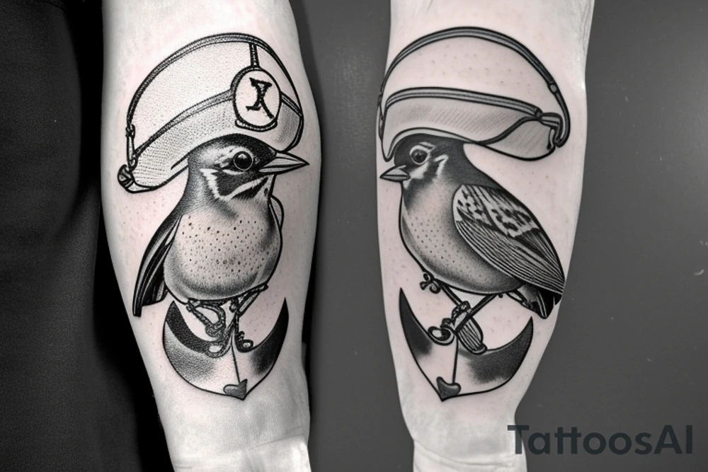 Realistic American Robin Bird wearing a sailors hat

Realistic American Robin Bird wearing a sailors hat sitting on an anchor

USS Sea (American) Robin SS-407 submarine 

USS Sea Robin sitting on an anchor

USS Sea Robin Submarine Crest tattoo idea