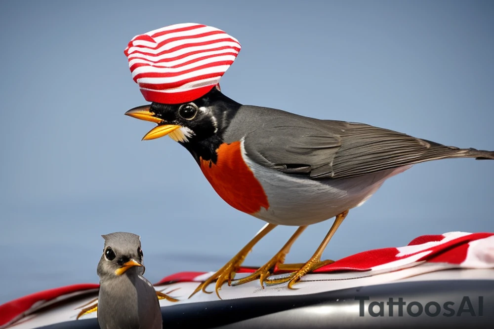 Realistic American Robin Bird wearing a sailors hat

Realistic American Robin Bird wearing a sailors hat sitting on an anchor

USS Sea (American) Robin SS-407 submarine 

USS Sea Robin sitting on an anchor

USS Sea Robin Submarine Crest

USS Sea Robin (SS-407), a Balao-class submarine, was a vessel of the United States Navy named for the sea robin. tattoo idea