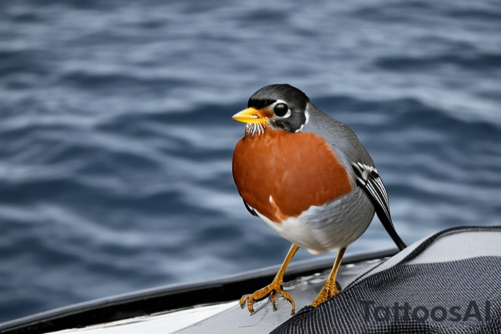 Realistic American Robin Bird wearing a sailors hat

Realistic American Robin Bird wearing a sailors hat sitting on an anchor

USS Sea (American) Robin SS-407 submarine 

USS Sea Robin sitting on an anchor

USS Sea Robin Submarine Crest

USS Sea Robin (SS-407), a Balao-class submarine, was a vessel of the United States Navy named for the sea robin. tattoo idea