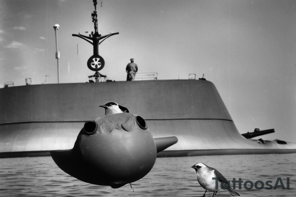 Realistic American Robin Bird wearing a sailors hat sitting on an anchor

USS Sea (American) Robin SS-407 submarine 

USS Sea Robin sitting on an anchor

USS Sea Robin Submarine Crest

USS Sea Robin (SS-407), a Balao-class submarine, was a vessel of the United States Navy named for the sea robin. tattoo idea