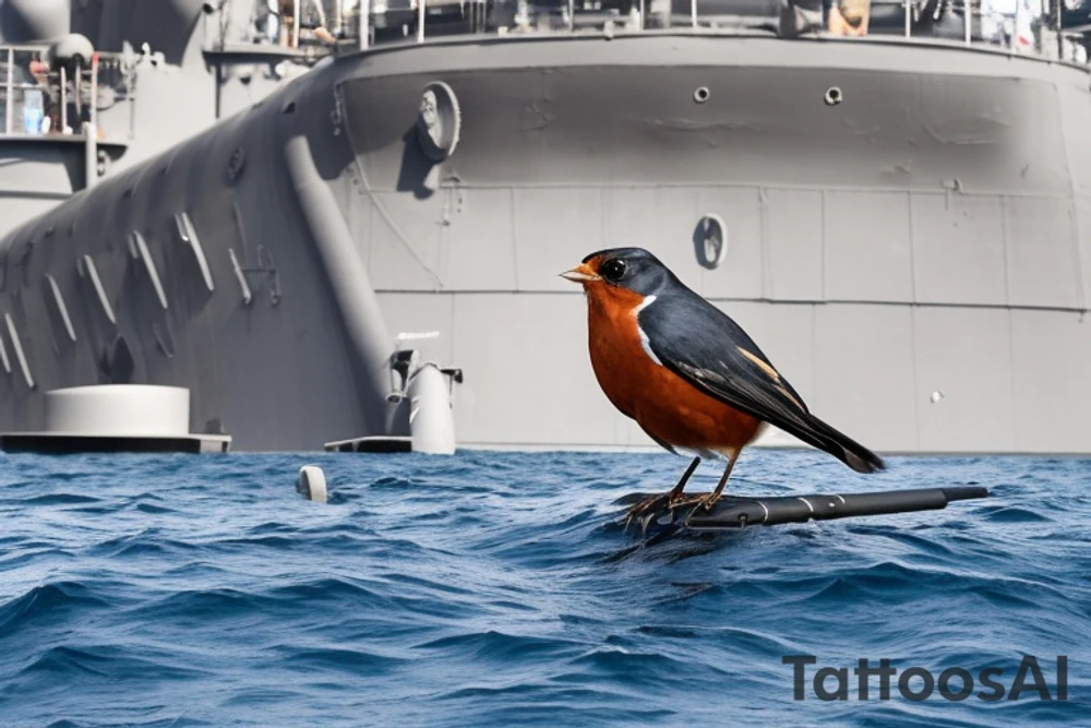 Realistic American Robin Bird wearing a sailors hat sitting on an anchor

USS Sea (American) Robin SS-407 submarine 

USS Sea Robin sitting on an anchor

USS Sea Robin Submarine Crest

USS Sea Robin (SS-407), a Balao-class submarine, was a vessel of the United States Navy named for the sea robin. tattoo idea