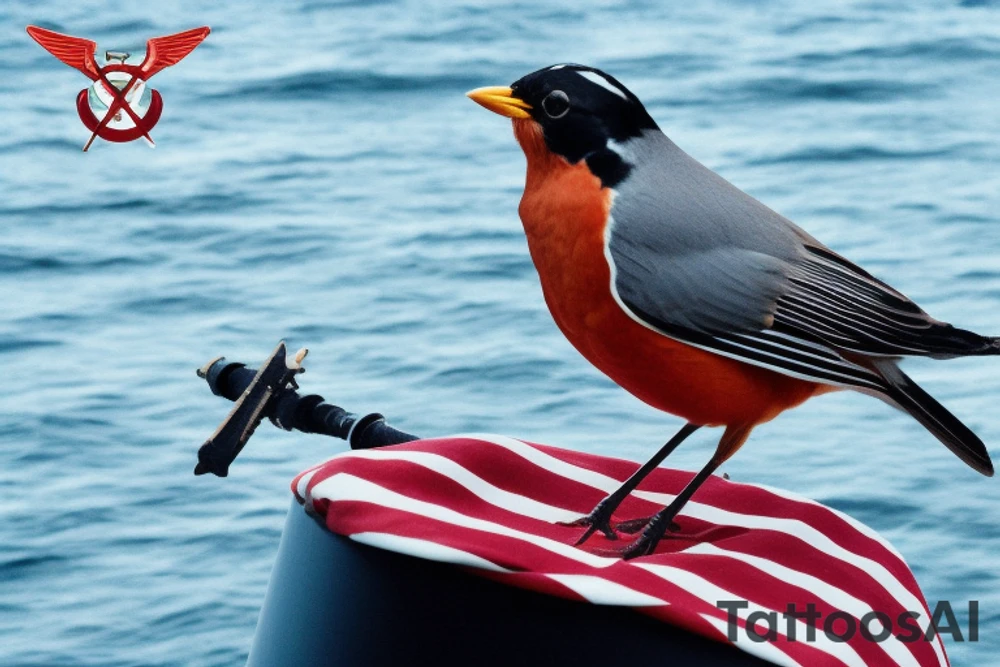 Realistic American Robin Bird wearing a sailors hat sitting on an anchor

USS Sea (American) Robin SS-407 submarine 

USS Sea Robin sitting on an anchor

USS Sea Robin Submarine Crest

USS Sea Robin (SS-407), a Balao-class submarine, was a vessel of the United States Navy named for the sea robin. tattoo idea