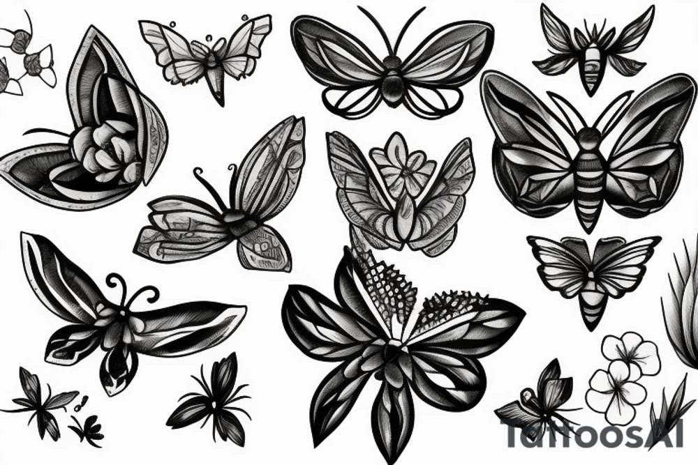moth and flowers tattoo idea