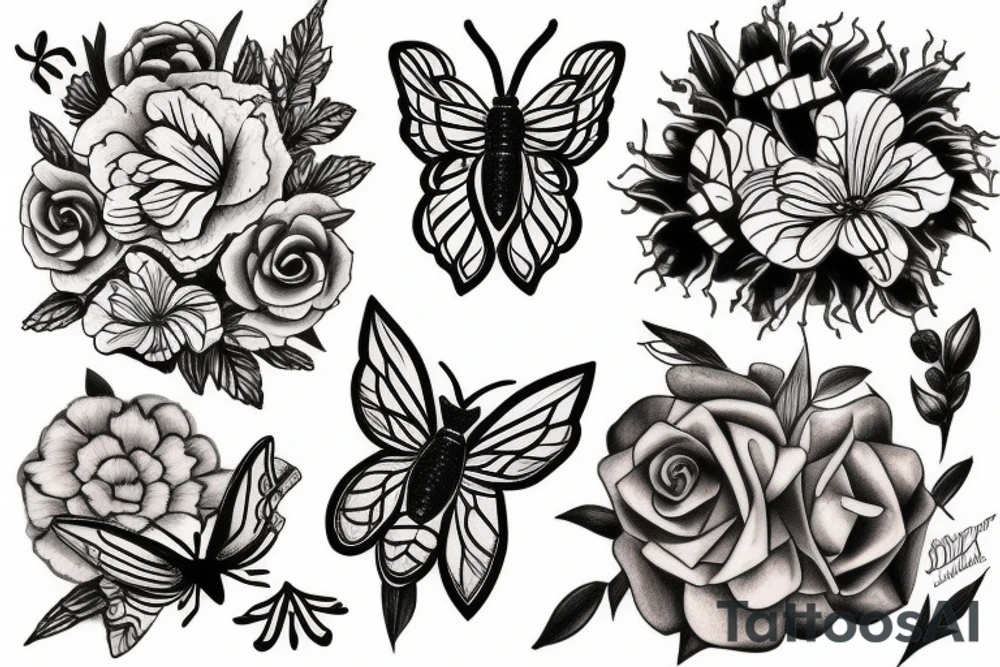 moth and flowers tattoo idea