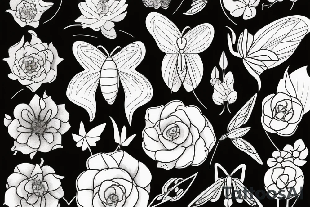 moth and flowers tattoo idea