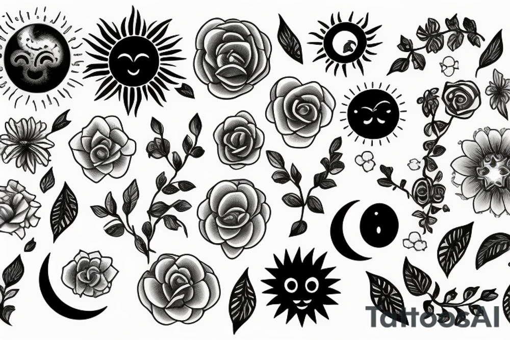 Sun and moon and flowers tattoo idea