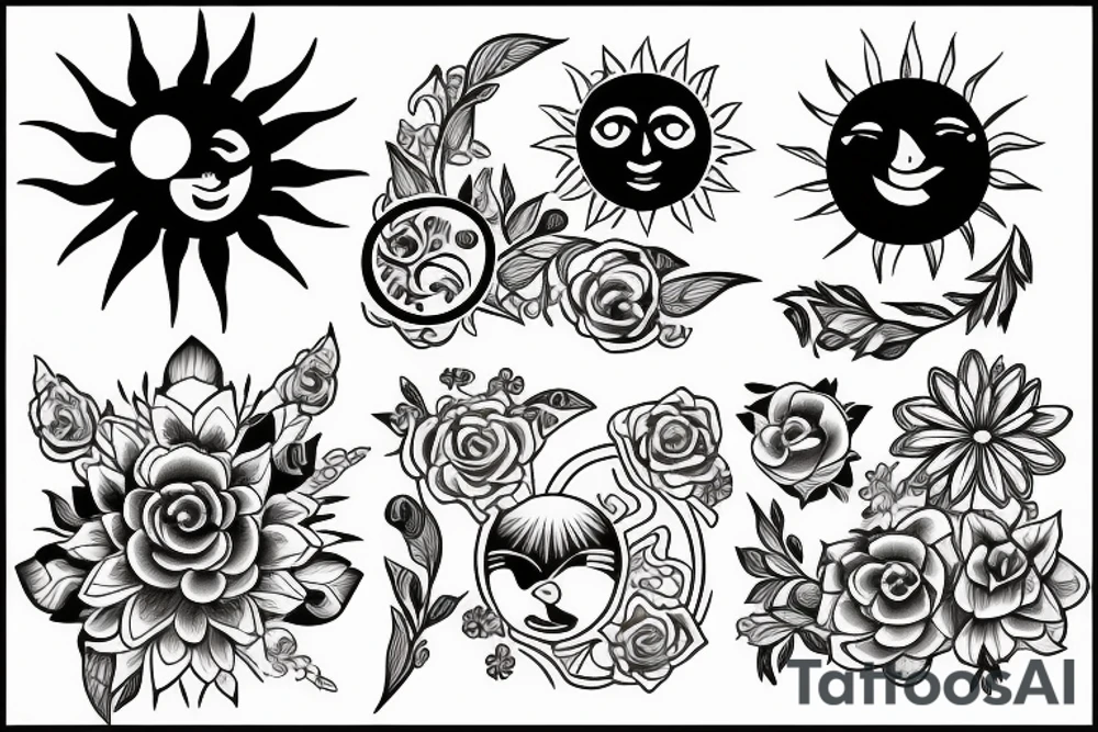 Sun and moon and flowers tattoo idea