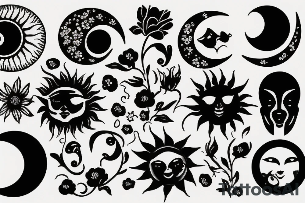 Sun, moon, flowers tattoo idea