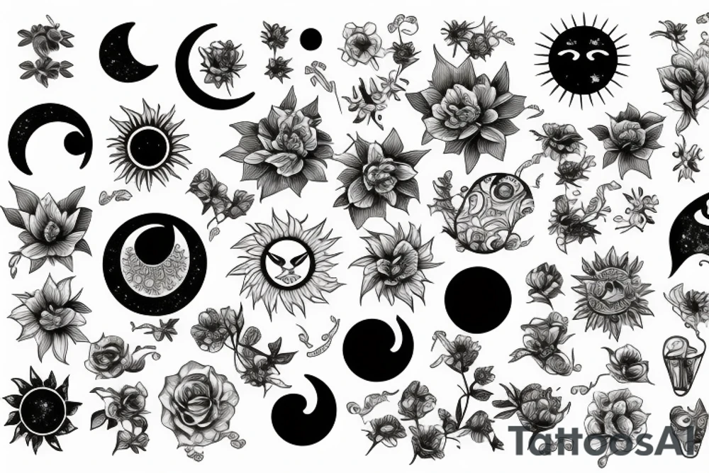 Sun, moon, flowers tattoo idea