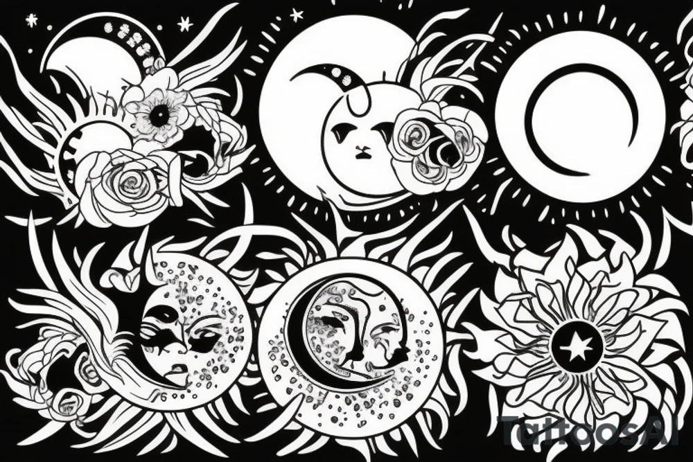 Sun, moon, flowers tattoo idea