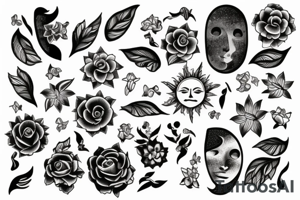 Sun, moon, flowers tattoo idea