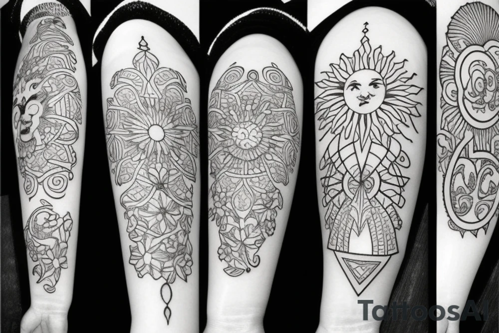 Sun and moon surrounded by flowers tattoo idea
