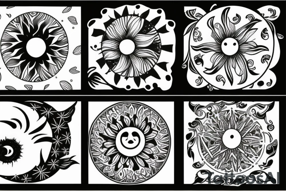 Sun and moon surrounded by flowers tattoo idea