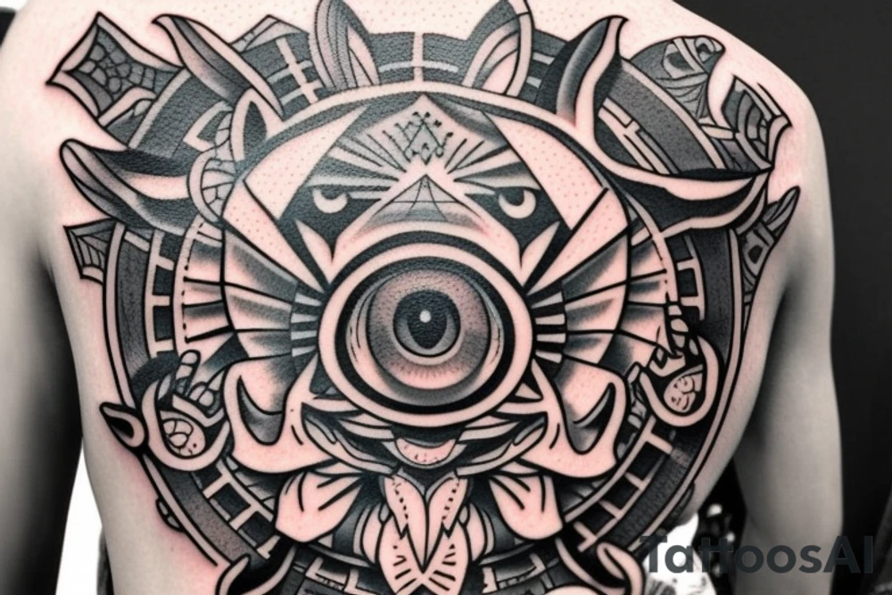 Design a tattoo for placement on the shoulder, which creatively incorporates the concept of the third eye, the sport of basketball, and a majestic lion. The design should seamlessly blend these elements in a unique and visually appealing way, while also reflecting a sense of spiritual connection and passion for the sport. tattoo idea