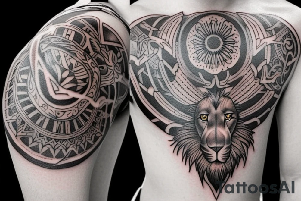 Design a tattoo for placement on the shoulder, which creatively incorporates the concept of the third eye, the sport of basketball, and a majestic lion. The design should seamlessly blend these elements in a unique and visually appealing way, while also reflecting a sense of spiritual connection and passion for the sport. tattoo idea