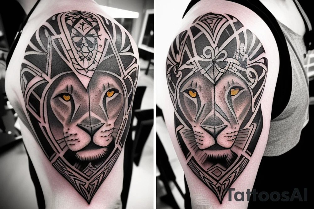 Design a tattoo for placement on the shoulder, which creatively incorporates the concept of the third eye, the sport of basketball, and a majestic lion. The design should seamlessly blend these elements in a unique and visually appealing way, while also reflecting a sense of spiritual connection and passion for the sport. tattoo idea