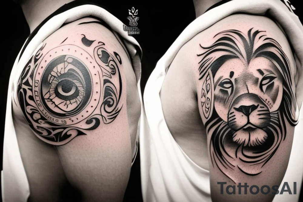 Design a tattoo for placement on the shoulder, which creatively incorporates the concept of the third eye, the sport of basketball, and a majestic lion. The design should seamlessly blend these elements in a unique and visually appealing way, while also reflecting a sense of spiritual connection and passion for the sport. tattoo idea
