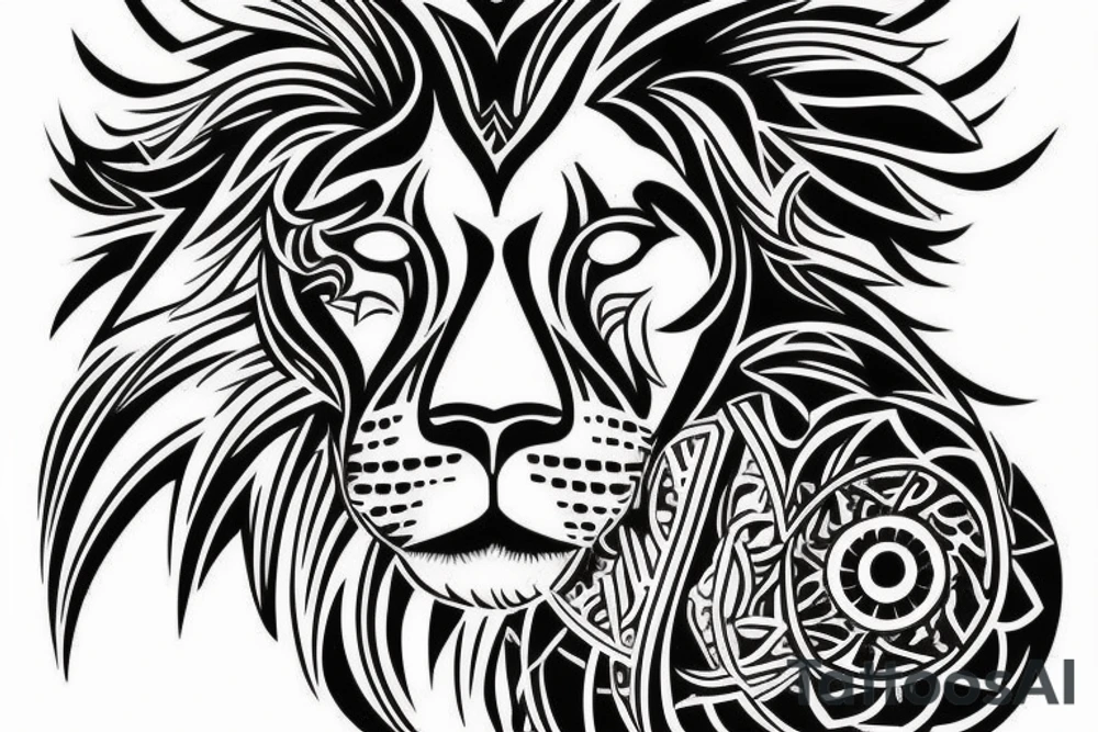 Design a tattoo for placement on the shoulder, which creatively incorporates the concept of the third eye, the sport of basketball, and a majestic lion. tattoo idea