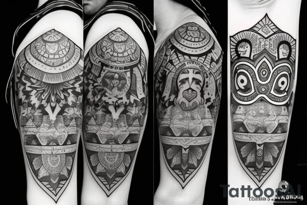 Design a tattoo for placement on the shoulder, which incorporates the hamsa hand , basketball, and a lion. tattoo idea