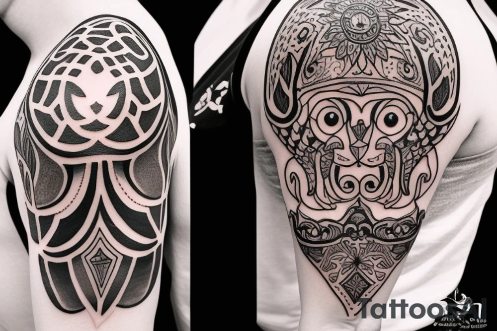Design a tattoo for placement on the shoulder, which incorporates the hamsa hand ,  basketball, and a lion. tattoo idea
