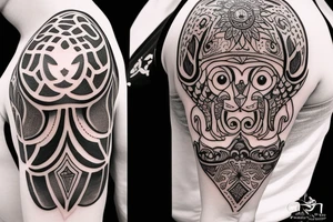 Design a tattoo for placement on the shoulder, which incorporates the hamsa hand ,  basketball, and a lion. tattoo idea