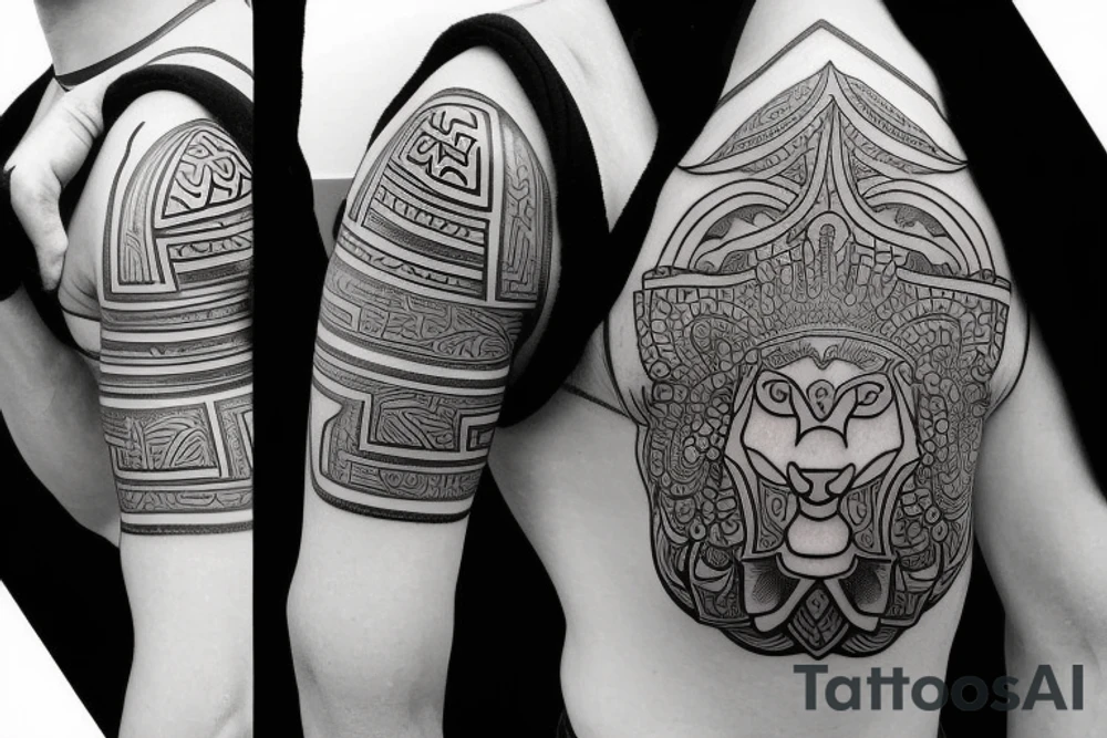 Design a tattoo for placement on the shoulder, which incorporates the hamsa hand ,  basketball, and a lion. tattoo idea