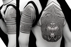 Design a tattoo for placement on the shoulder, which incorporates the hamsa hand ,  basketball, and a lion. tattoo idea