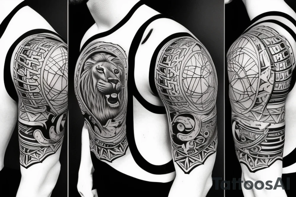 Design a tattoo for placement on the shoulder, which creatively incorporates the sport of basketball, and a majestic lion. tattoo idea