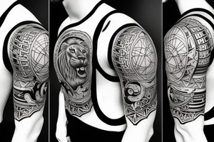 Design a tattoo for placement on the shoulder, which creatively incorporates the sport of basketball, and a majestic lion. tattoo idea