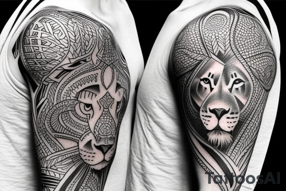 Design a tattoo for placement on the shoulder, which creatively incorporates a basketball, and a majestic lion. tattoo idea