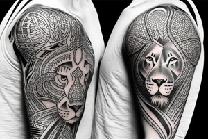 Design a tattoo for placement on the shoulder, which creatively incorporates a basketball, and a majestic lion. tattoo idea