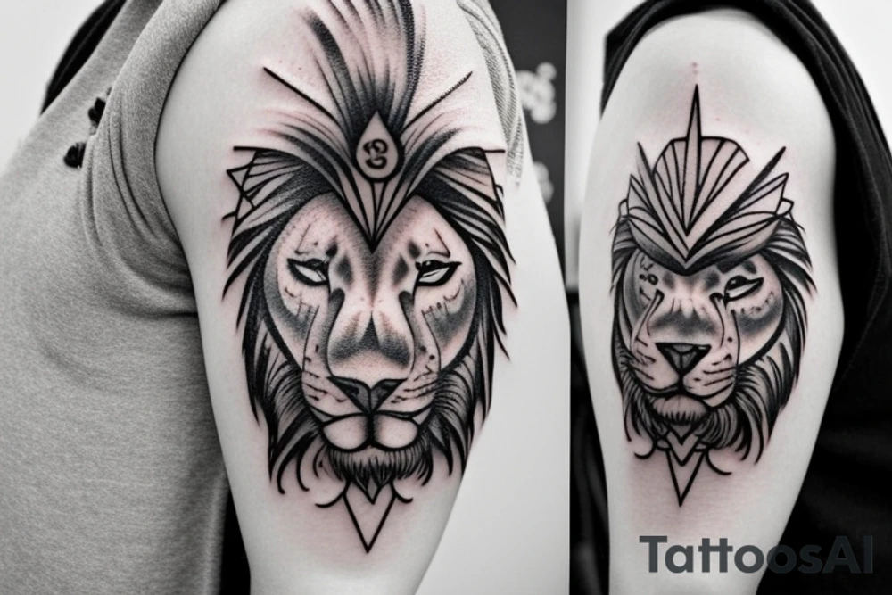 Design a tattoo for placement on the shoulder, which creatively incorporates the concept of the third eye, the sport of basketball, and a majestic lion. The design should seamlessly blend these elements in a unique and visually appealing way, while also reflecting a sense of spiritual connection and passion for the sport. tattoo idea
