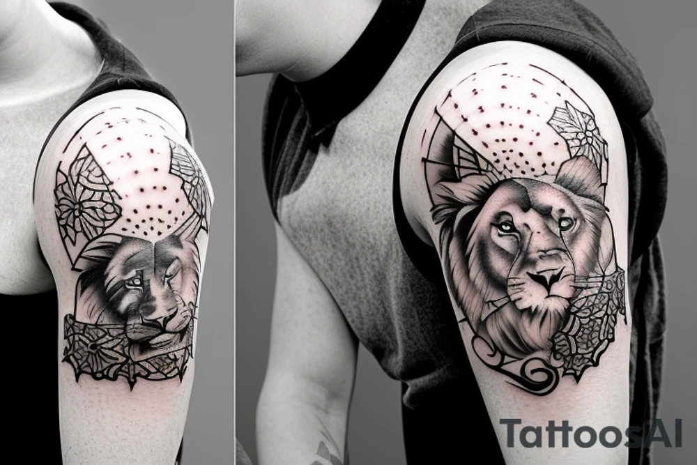 Design a tattoo for placement on the shoulder, which creatively incorporates the concept of the third eye, the sport of basketball, and a majestic lion. The design should seamlessly blend these elements in a unique and visually appealing way, while also reflecting a sense of spiritual connection and passion for the sport. tattoo idea