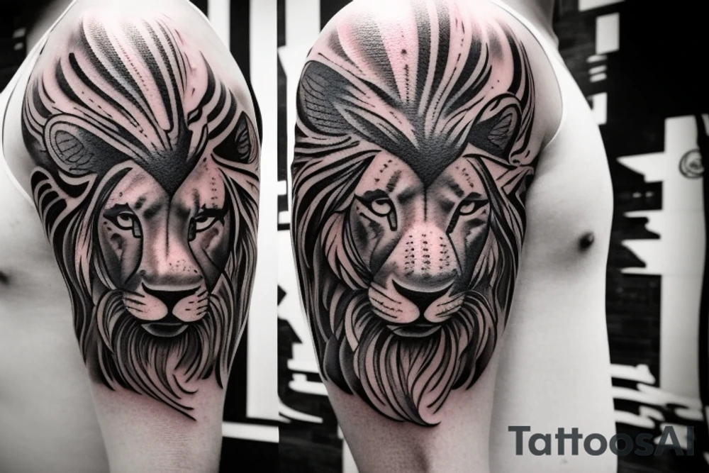 Design a tattoo for placement on the shoulder, which creatively incorporates the concept of the third eye, the sport of basketball, and a majestic lion. The design should seamlessly blend these elements in a unique and visually appealing way, while also reflecting a sense of spiritual connection and passion for the sport. tattoo idea