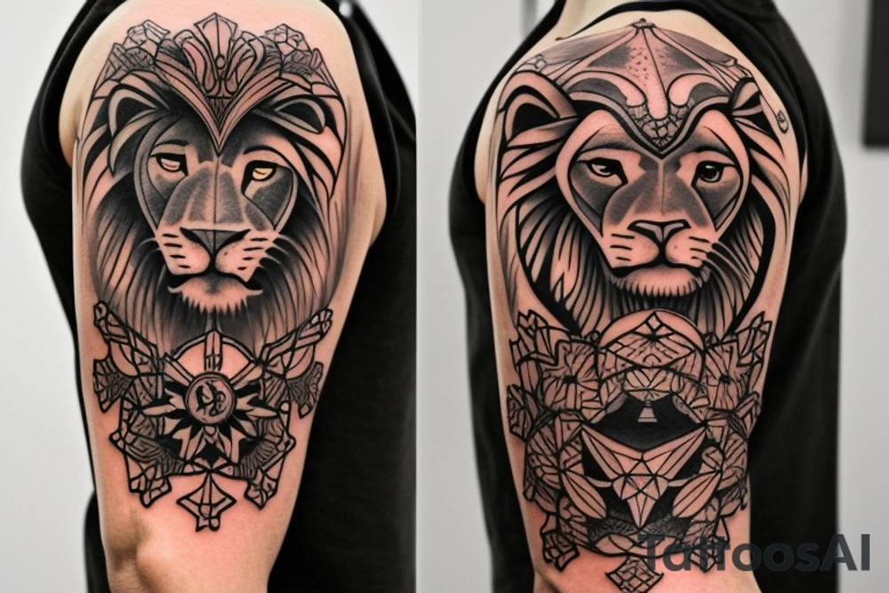 Design a tattoo for placement on the shoulder, which creatively incorporates the concept of the third eye, the sport of basketball, and a majestic lion. The design should seamlessly blend these elements in a unique and visually appealing way, while also reflecting a sense of spiritual connection and passion for the sport. tattoo idea