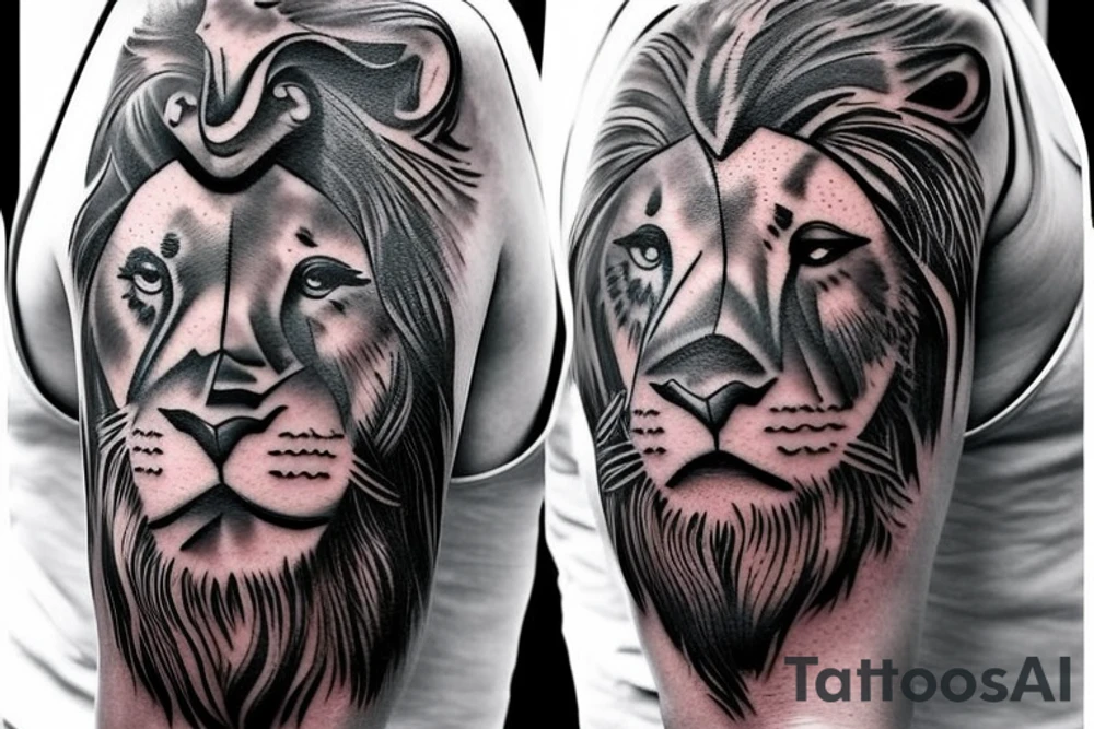 Design a tattoo for placement on the sleeve, which creatively incorporates the concept of the third eye, the sport of basketball, and a majestic lion. The design should seamlessly blend these elements in a unique and visually appealing way, while also reflecting a sense of spiritual connection and passion for the sport. tattoo idea