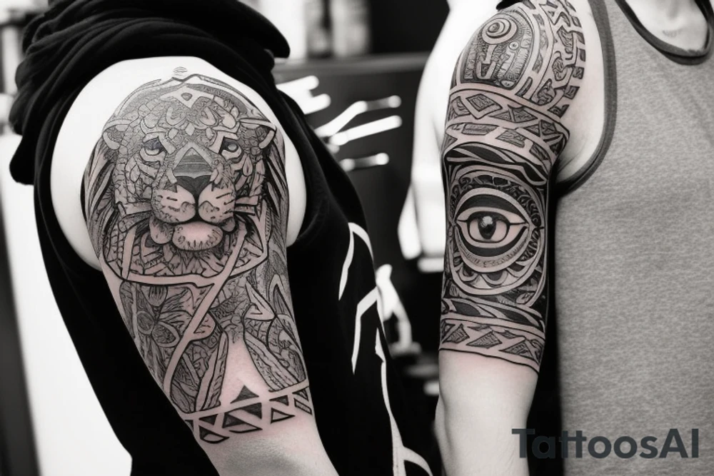 Design a tattoo for placement on the sleeve, which creatively incorporates the concept of the third eye, the sport of basketball, and a majestic lion. The design should seamlessly blend these elements in a unique and visually appealing way, while also reflecting a sense of spiritual connection and passion for the sport. tattoo idea