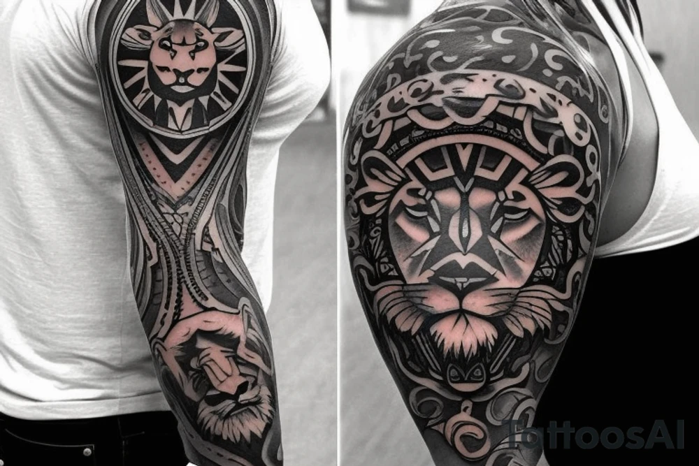 Design a tattoo for placement on the sleeve, which creatively incorporates the concept of the third eye, the sport of basketball, and a majestic lion. The design should seamlessly blend these elements in a unique and visually appealing way, while also reflecting a sense of spiritual connection and passion for the sport. tattoo idea