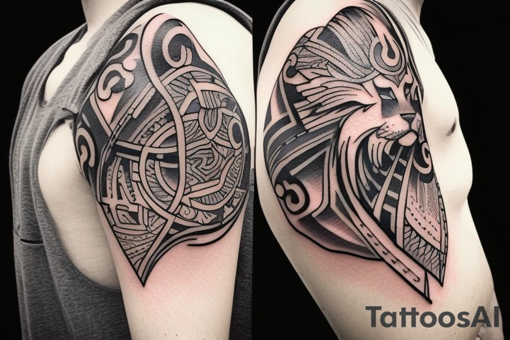 Design a tattoo for placement on the sleeve, which creatively incorporates the concept of the third eye, the sport of basketball, and a majestic lion. The design should seamlessly blend these elements in a unique and visually appealing way, while also reflecting a sense of spiritual connection and passion for the sport. tattoo idea