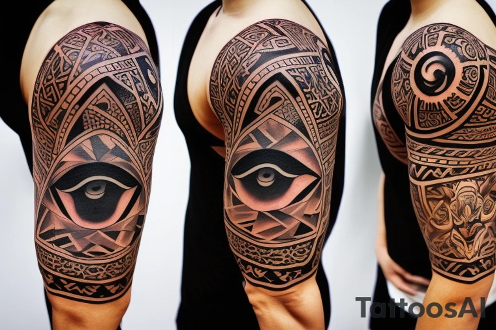 Design a tattoo for placement on the sleeve, which creatively incorporates the concept of the third eye, the sport of basketball, and a majestic lion. The design should seamlessly blend these elements in a unique and visually appealing way, while also reflecting a sense of spiritual connection and passion for the sport. tattoo idea