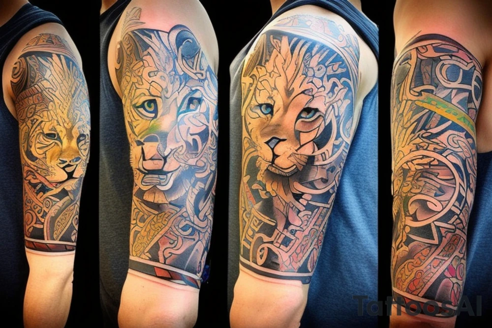 Design a tattoo for placement on the sleeve, which creatively incorporates the concept of the third eye, the sport of basketball, and a majestic lion. The design should seamlessly blend these elements in a unique and visually appealing way, while also reflecting a sense of spiritual connection and passion for the sport. tattoo idea
