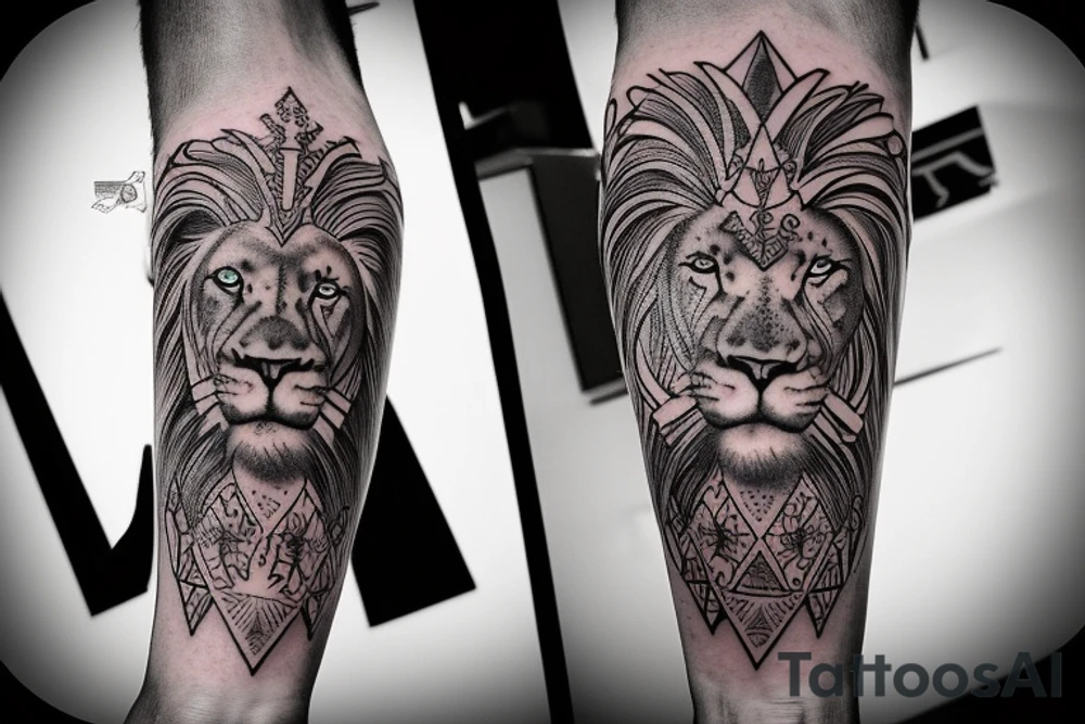 Design a tattoo for placement on the sleeve, which creatively incorporates the concept of the third eye, the sport of basketball, and a majestic lion. The design should seamlessly blend these elements in a unique and visually appealing way, while also reflecting a sense of spiritual connection and passion for the sport. tattoo idea