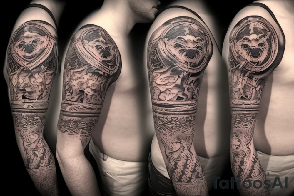 Design a tattoo for placement on the sleeve, which creatively incorporates the concept of the third eye, the sport of basketball, and a majestic lion. The design should seamlessly blend these elements in a unique and visually appealing way, while also reflecting a sense of spiritual connection and passion for the sport. tattoo idea