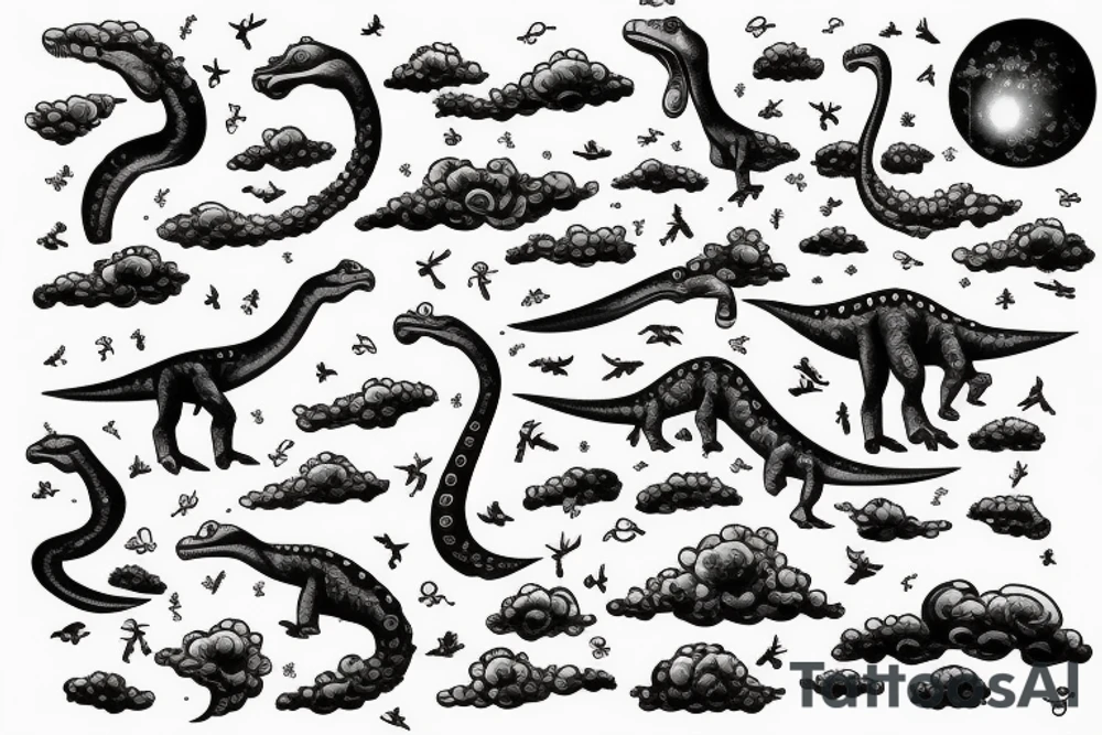 Long neck dinosaurs with beads in clouds tattoo idea