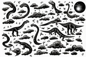 Long neck dinosaurs with beads in clouds tattoo idea