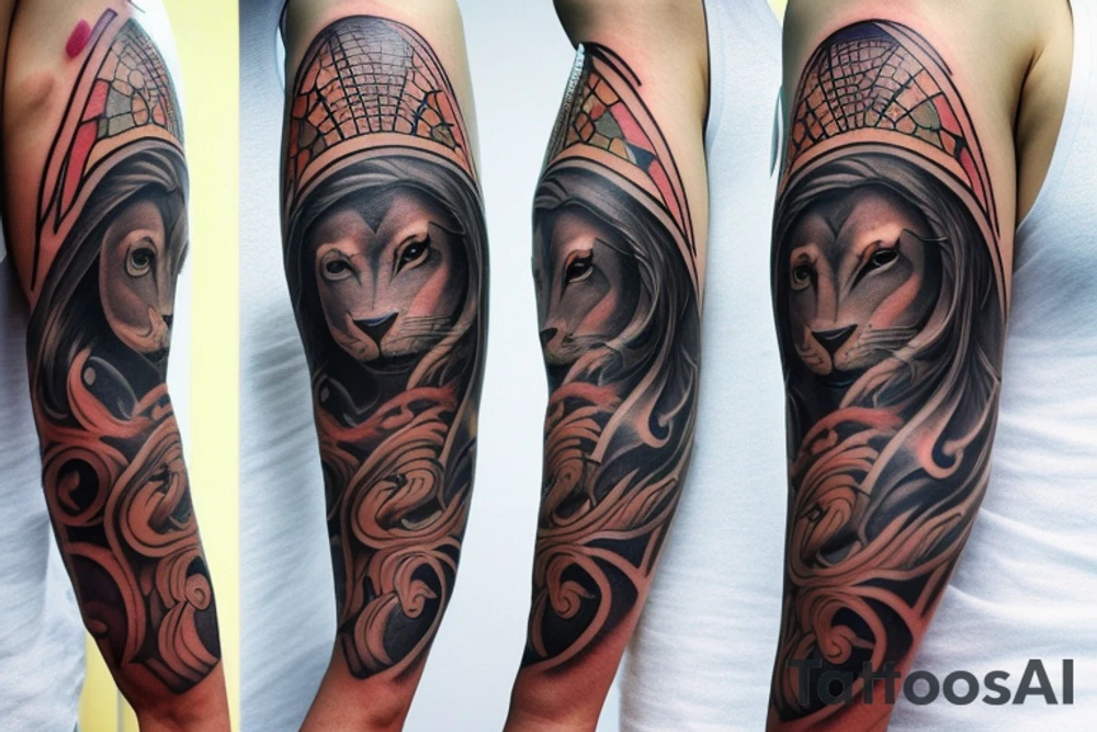 Design a tattoo for placement on the sleeve, which creatively incorporates the concept of the third eye, the sport of basketball, and a majestic lion. The design should seamlessly blend these elements in a unique and visually appealing way, while also reflecting a sense of spiritual connection and passion for the sport. tattoo idea