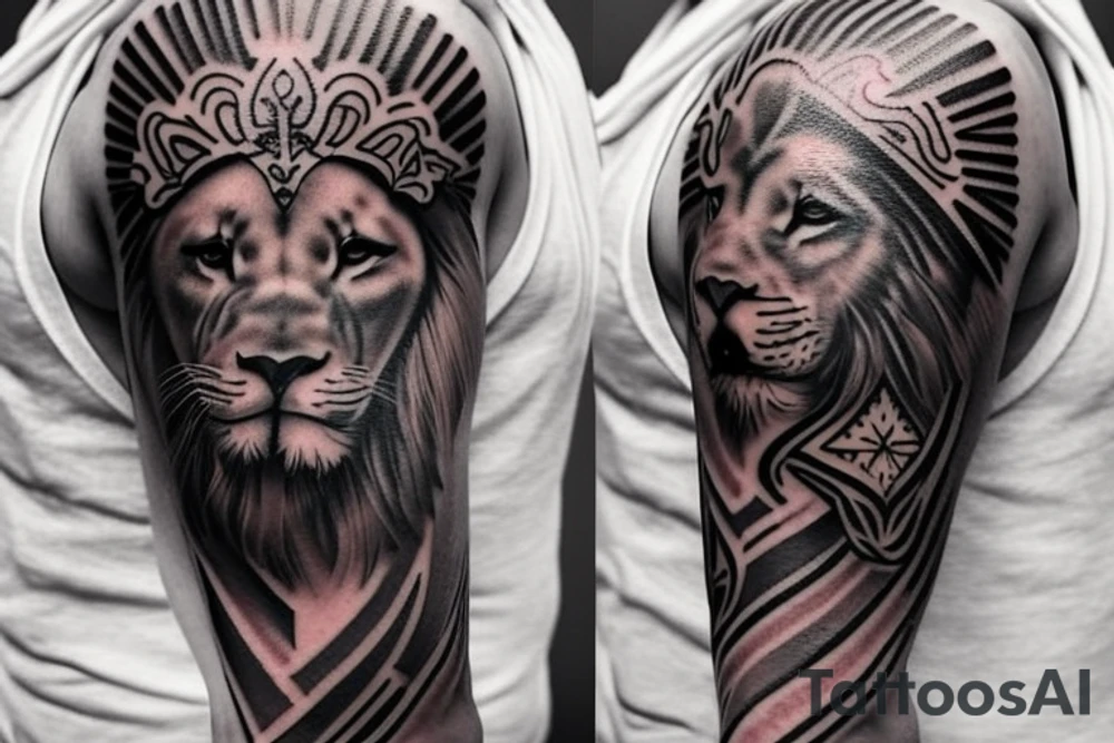 Design a tattoo for placement on the sleeve, which creatively incorporates the concept of the third eye, the sport of basketball, and a majestic lion. The design should seamlessly blend these elements in a unique and visually appealing way, while also reflecting a sense of spiritual connection and passion for the sport. tattoo idea