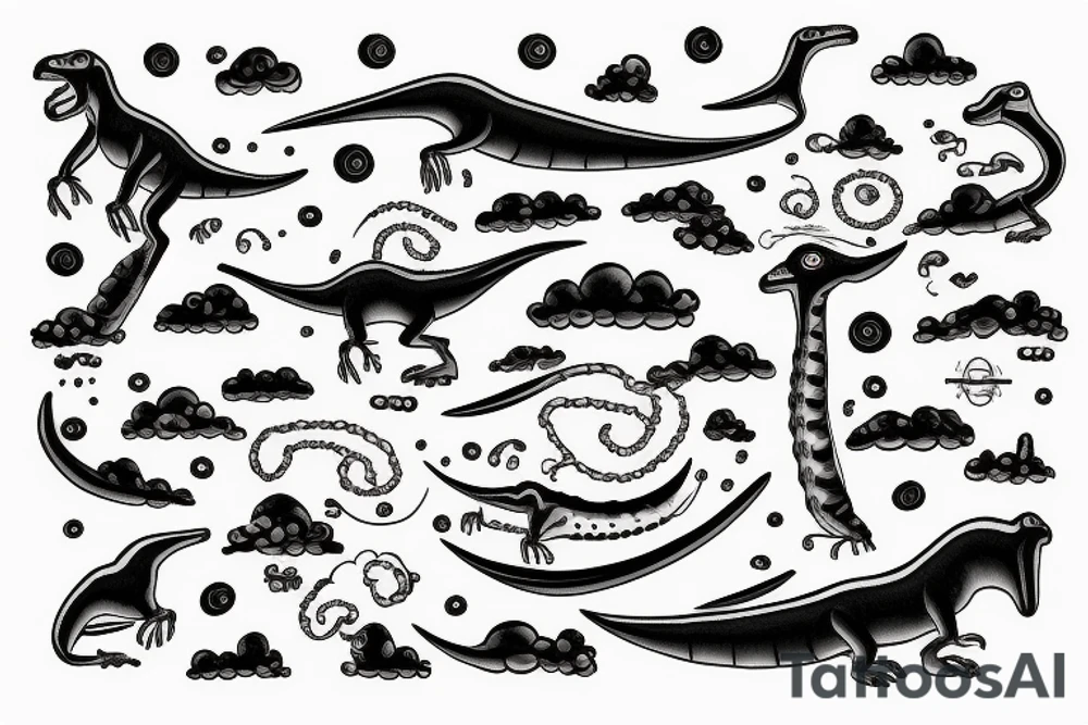 Long neck dinosaurs with beads in clouds tattoo idea