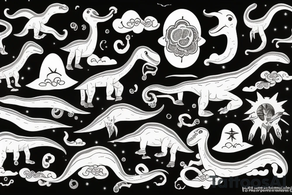 Long neck dinosaurs with beads in clouds tattoo idea