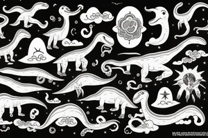 Long neck dinosaurs with beads in clouds tattoo idea